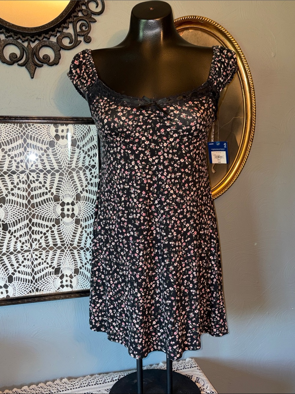 Arizona Jean Company Black Mini Dress with Pink Floral Print